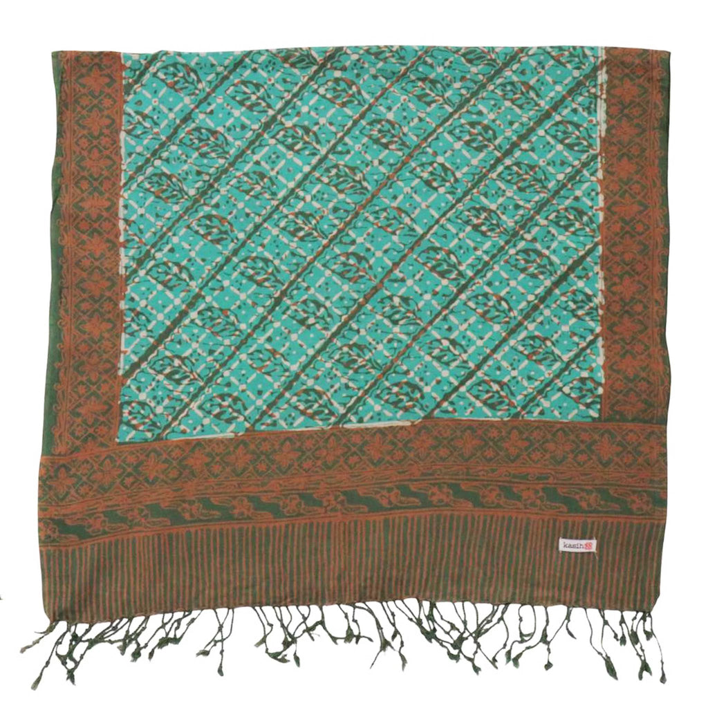 Handmade Batik Scarf, soft Cotton, Leaf Grid, Green, Leaves, Vines, Cream by Kasih Co-op