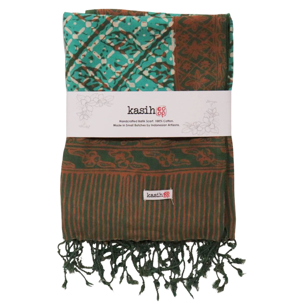 Handmade Batik Scarf, soft Cotton, Leaf Grid, Green, Leaves, Vines, Cream by Kasih Co-op