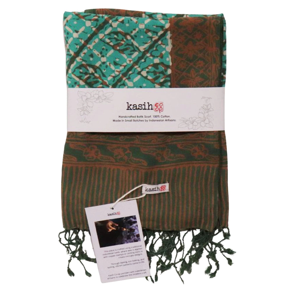 Handmade Batik Scarf, soft Cotton, Leaf Grid, Green, Leaves, Vines, Cream by Kasih Co-op