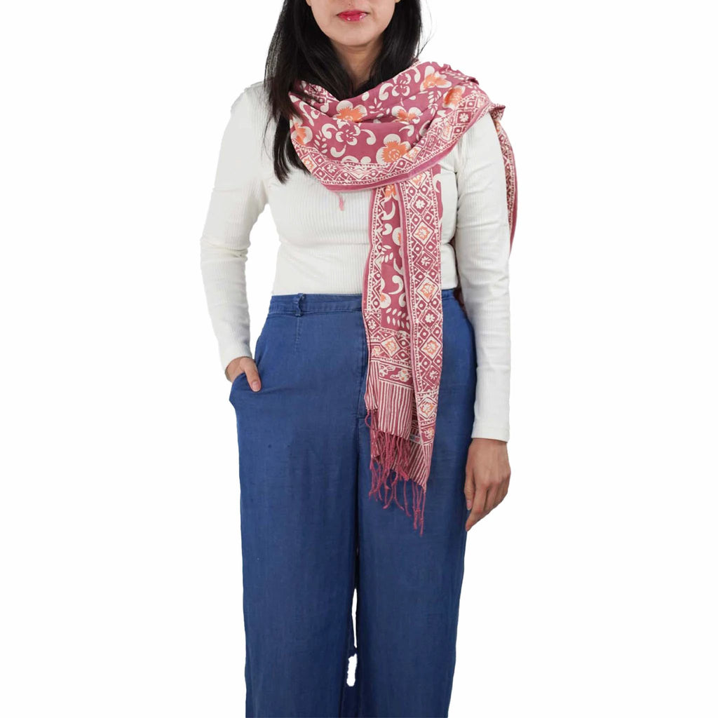 Handmade Batik Scarf, Cotton, Plumeria, Pink, Purple, Peach by Kasih Co-op