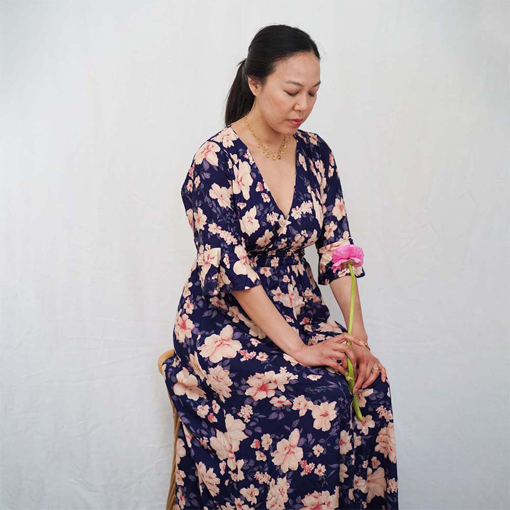Kasih Co-op Dress Blue Trumpet Sleeve Over the Knee with White and Pink Floral Pattern