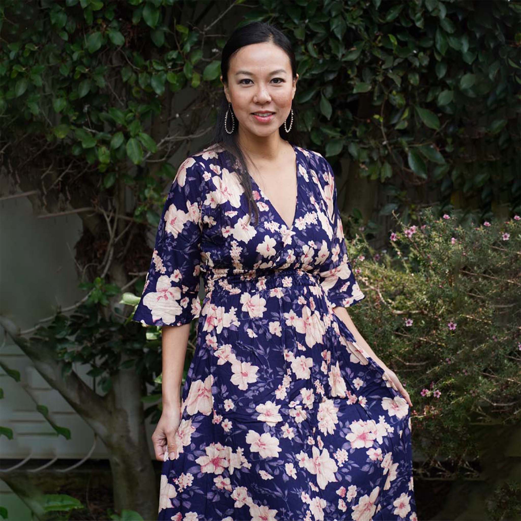 Kasih Co-op Dress Blue Trumpet Sleeve Over the Knee with White and Pink Floral Pattern