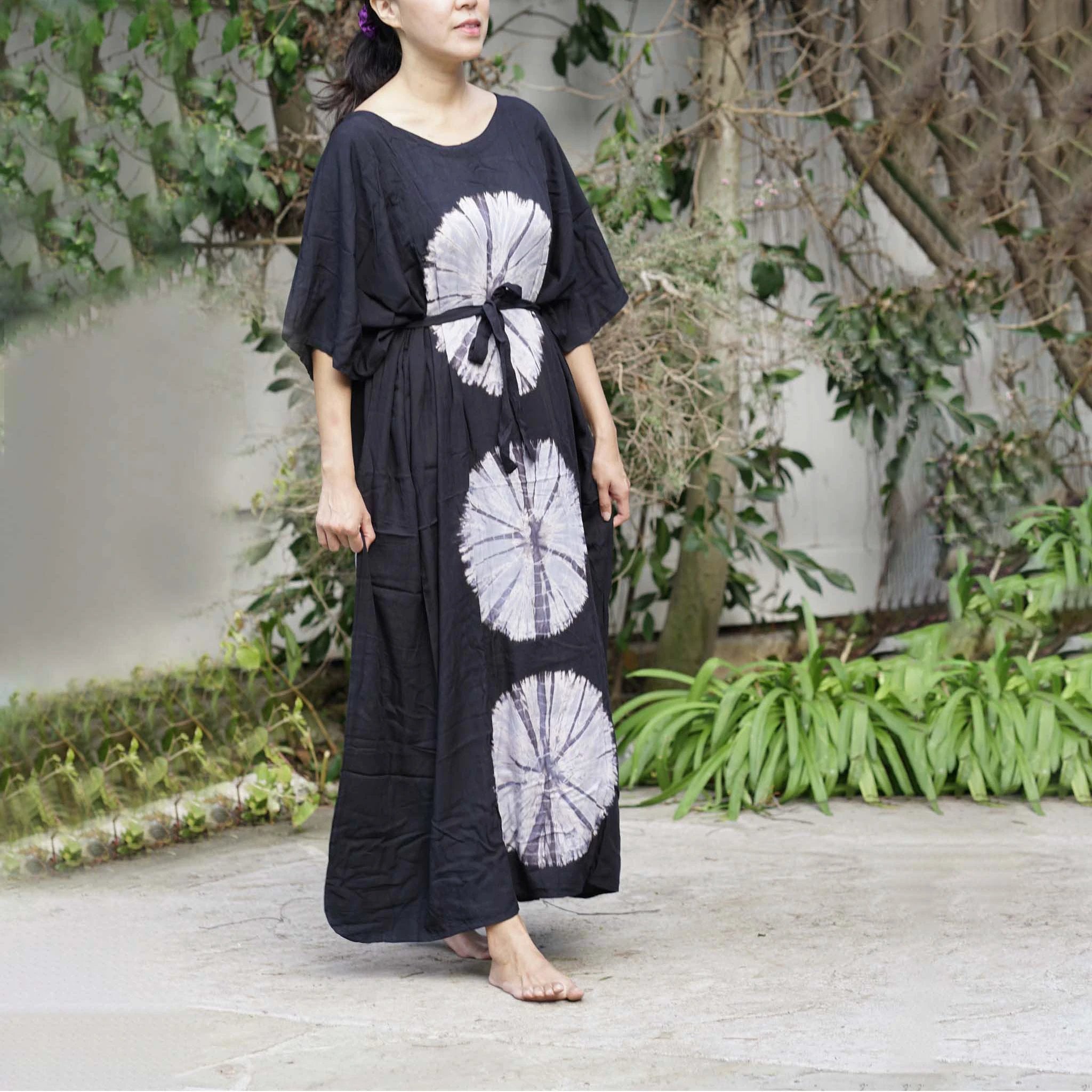 Kaftan Tie Dye Long Dress Shibori Black White Floral Pattern by Kasih Co-op