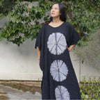 Kaftan Tie Dye Long Dress Shibori Black White Floral Pattern by Kasih Co-op
