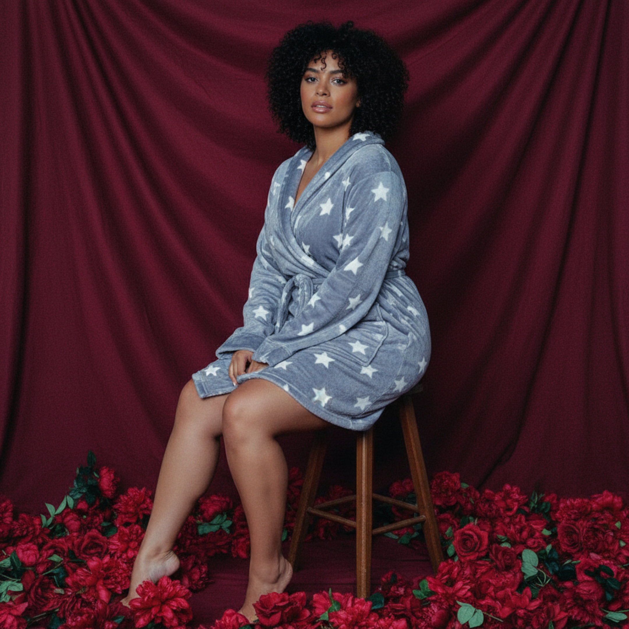 Kaylee Robe in Dark Grey & White Star Print | Giftable Luxurious Ultra Soft [Available in S/M - L/XL]