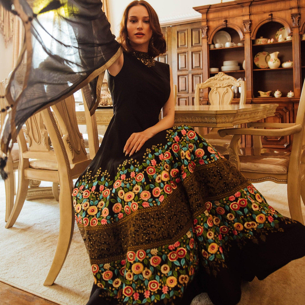 Kaylie Black Gown with Floral Embroidery