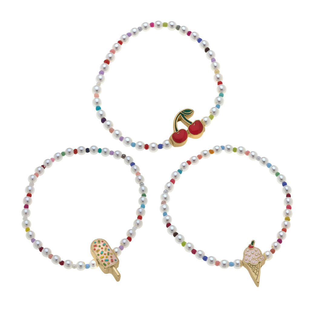 Kids Samantha Pearl Beaded Children's Bracelet with Cute Charm | Popsicle, Ice Cream, or Cherries