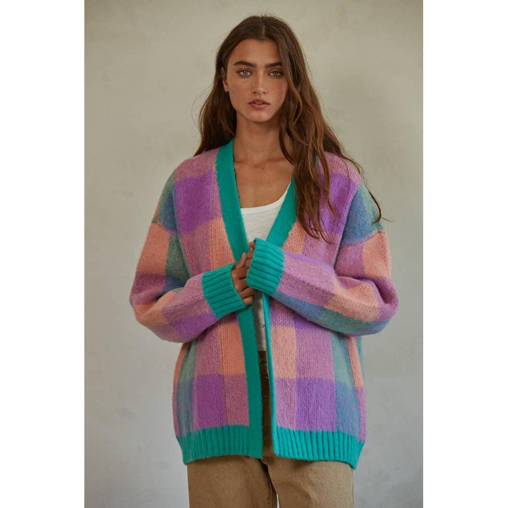 Knit Sweater Gingham Cardigan in Jade Multicolor [Sizes S-L]