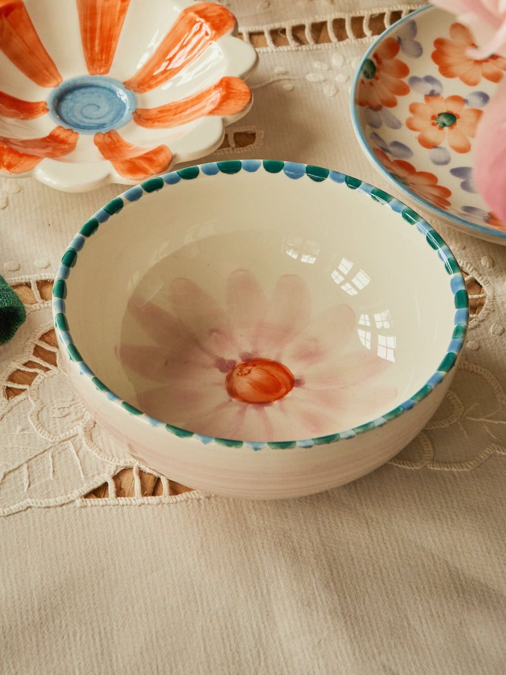 Ceramic Bowl with Hand Painted Soft Pink Flower - 11.8 oz
