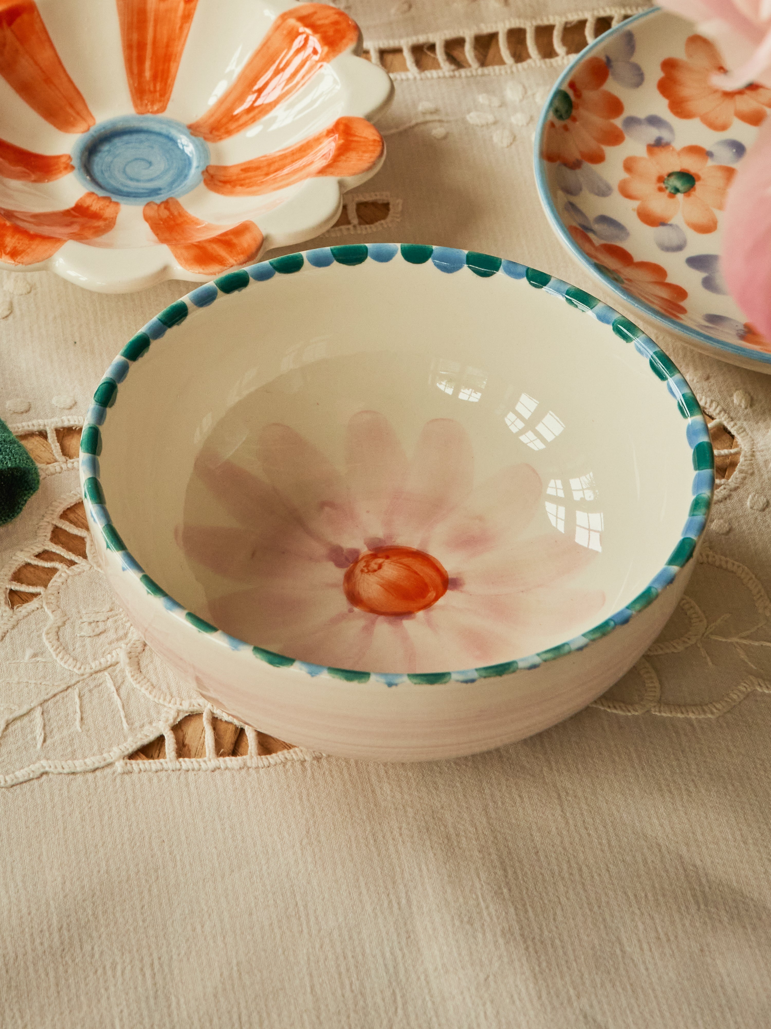 Ceramic Bowl with Hand Painted Soft Pink Flower - 11.8 oz
