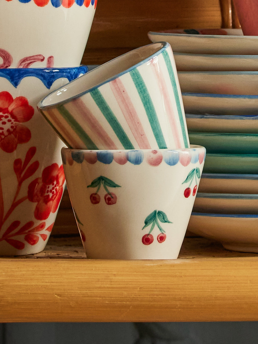 Ceramic Oval Espresso Cup with Hand Painted Stripes - 2.4 oz