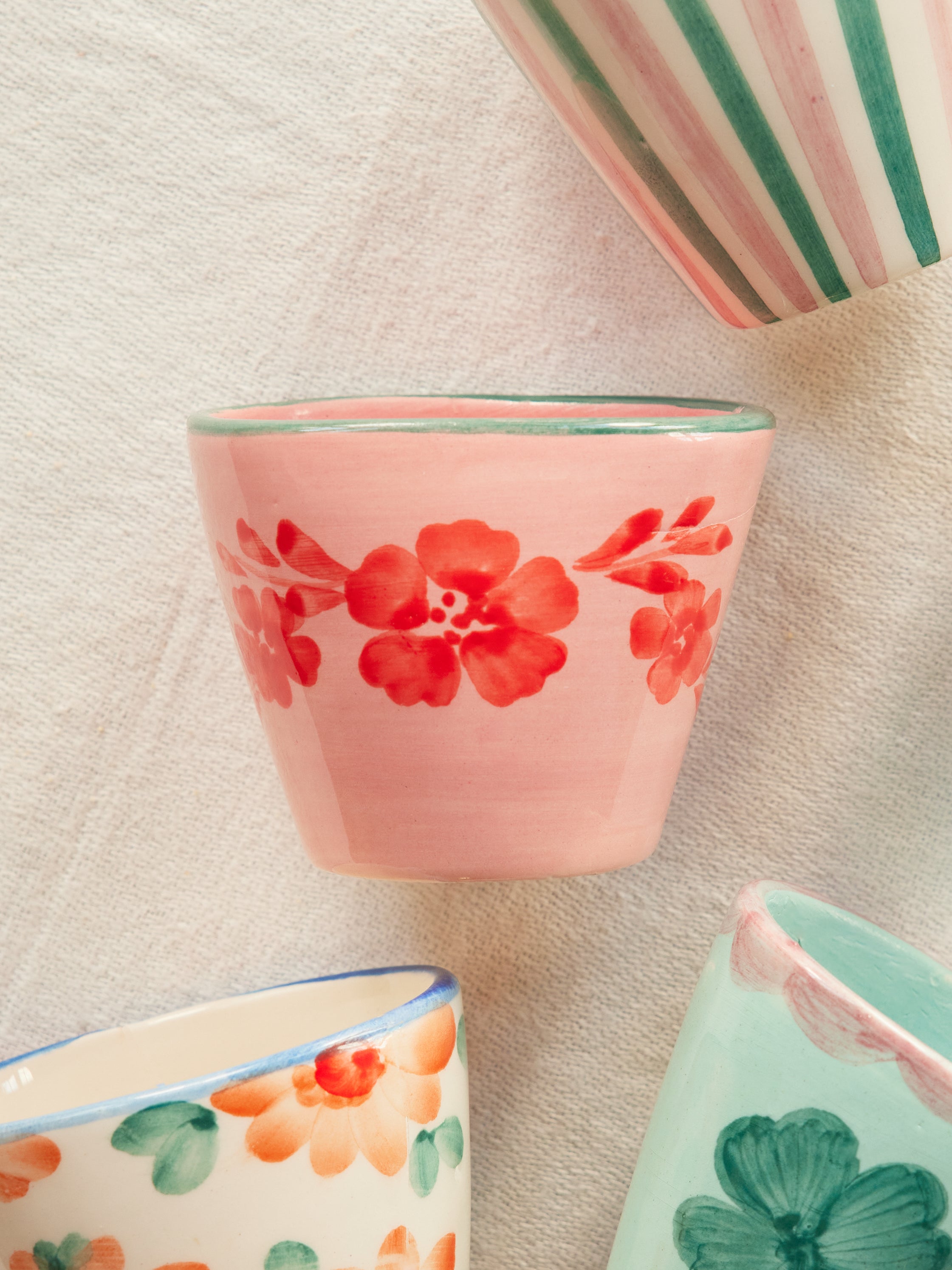 Ceramic Oval Espresso Cup with Hand Painted Orange Flower Vine - 2.4 oz