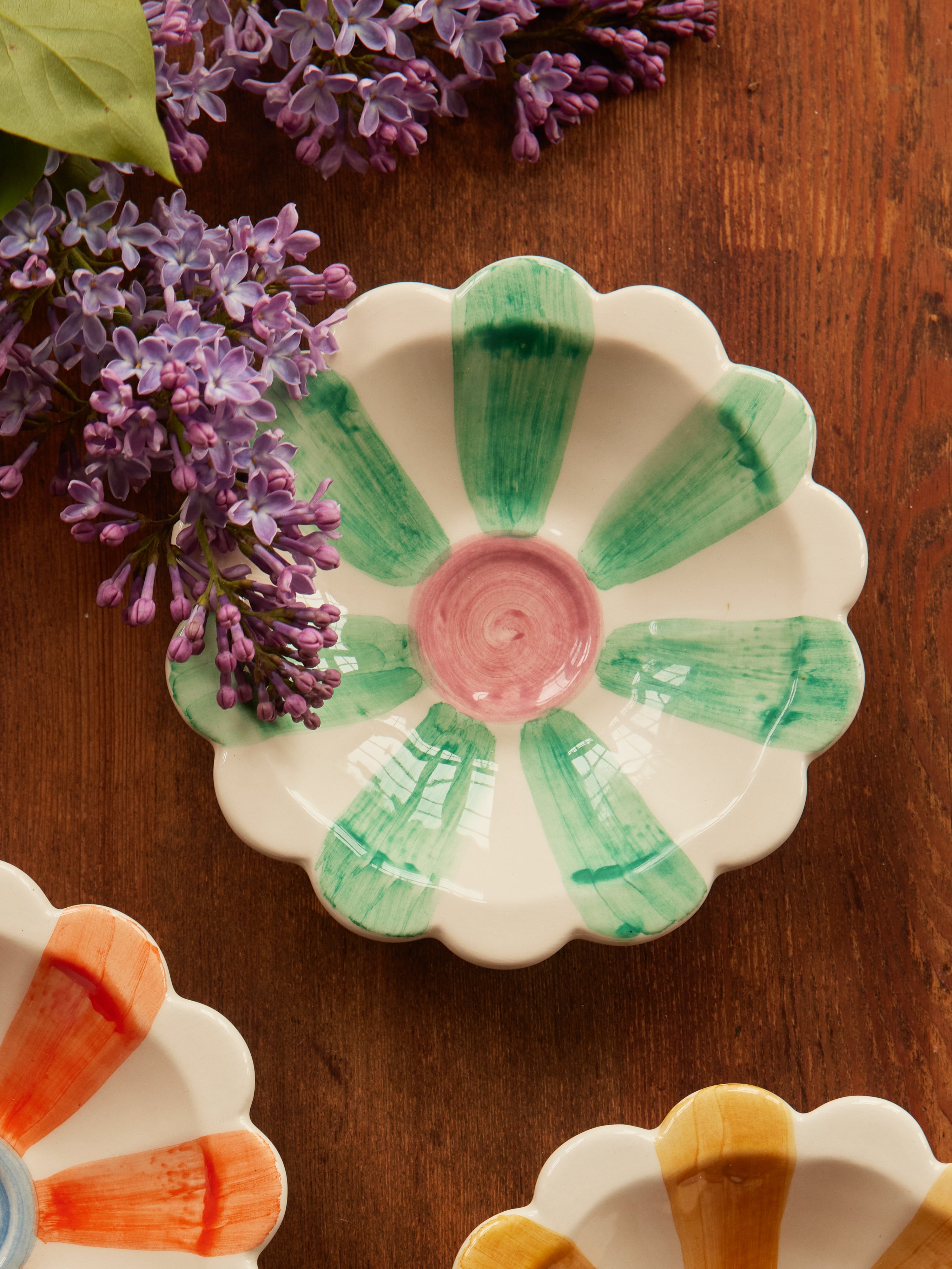 Ceramic Flower Dipping Bowl with Soft Green Hand Painted Stripes