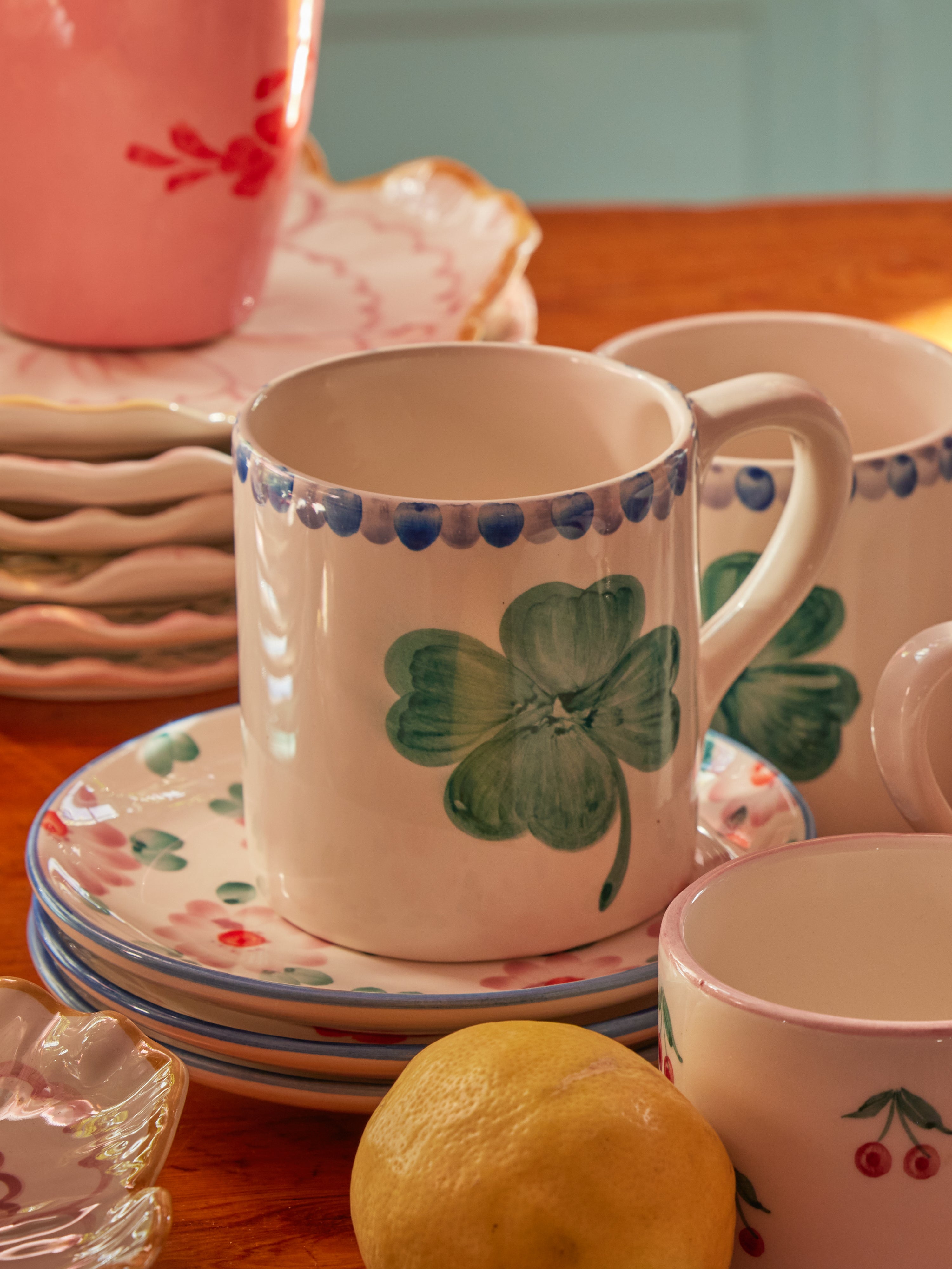 Ceramic Mug with Hand Painted Good Luck Clover - 14.2 oz