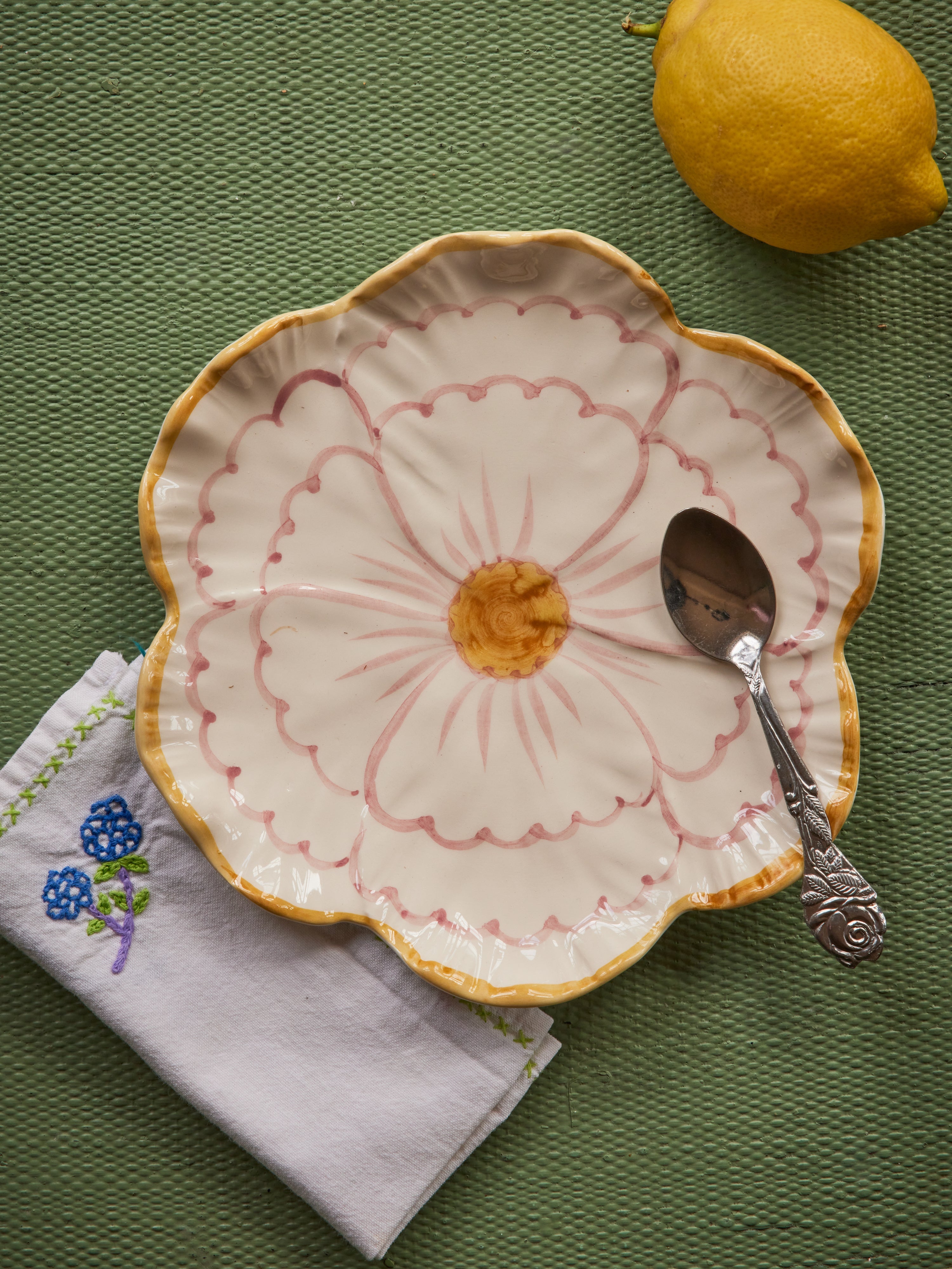 Ceramic Flower Shaped Side Plate with Yellow Border
