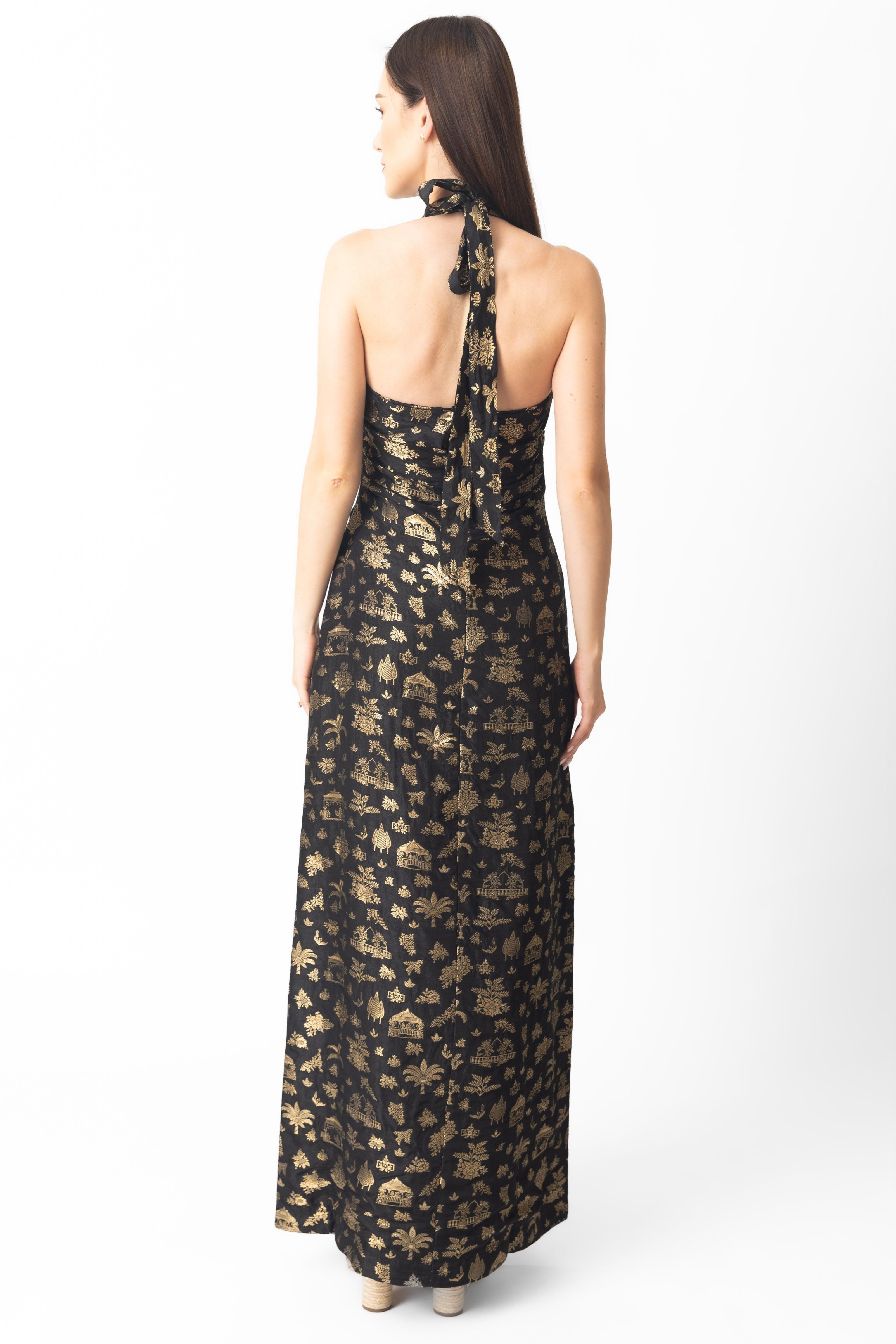 Leontine Black and Gold Long Dress with Slit