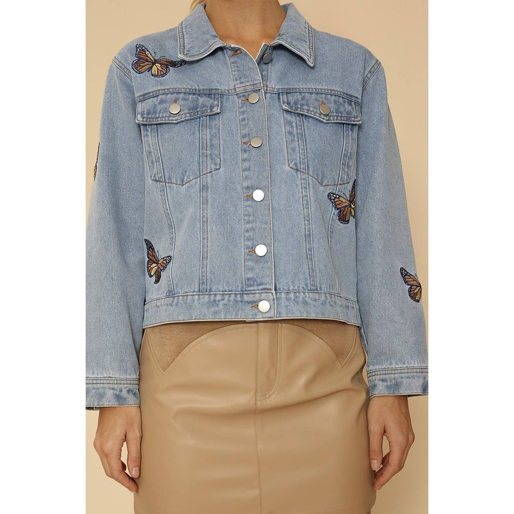 Light Blue Monarch Butterfly Embroidered Denim Jacket | Sizes SM-XL