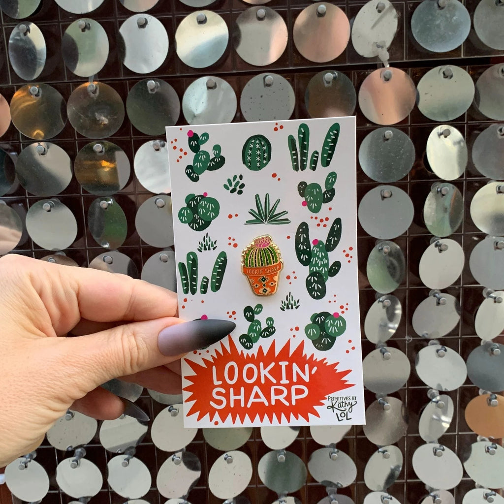 Lookin' Sharp Cactus Enamel Pin on Gift Card by The Bullish Store