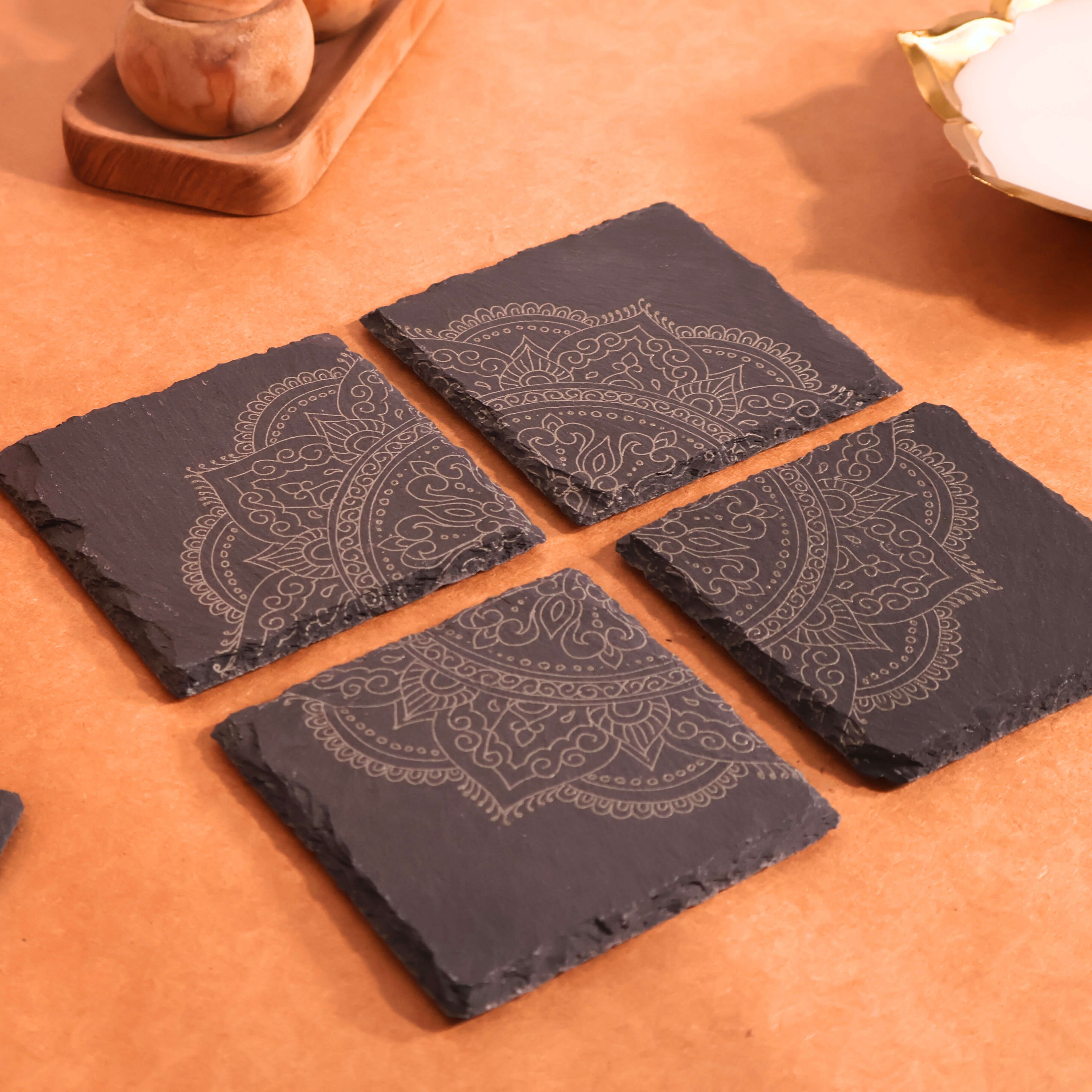 Mandala Slate Coasters| Modern Indian Inspired Tabletop Decor
