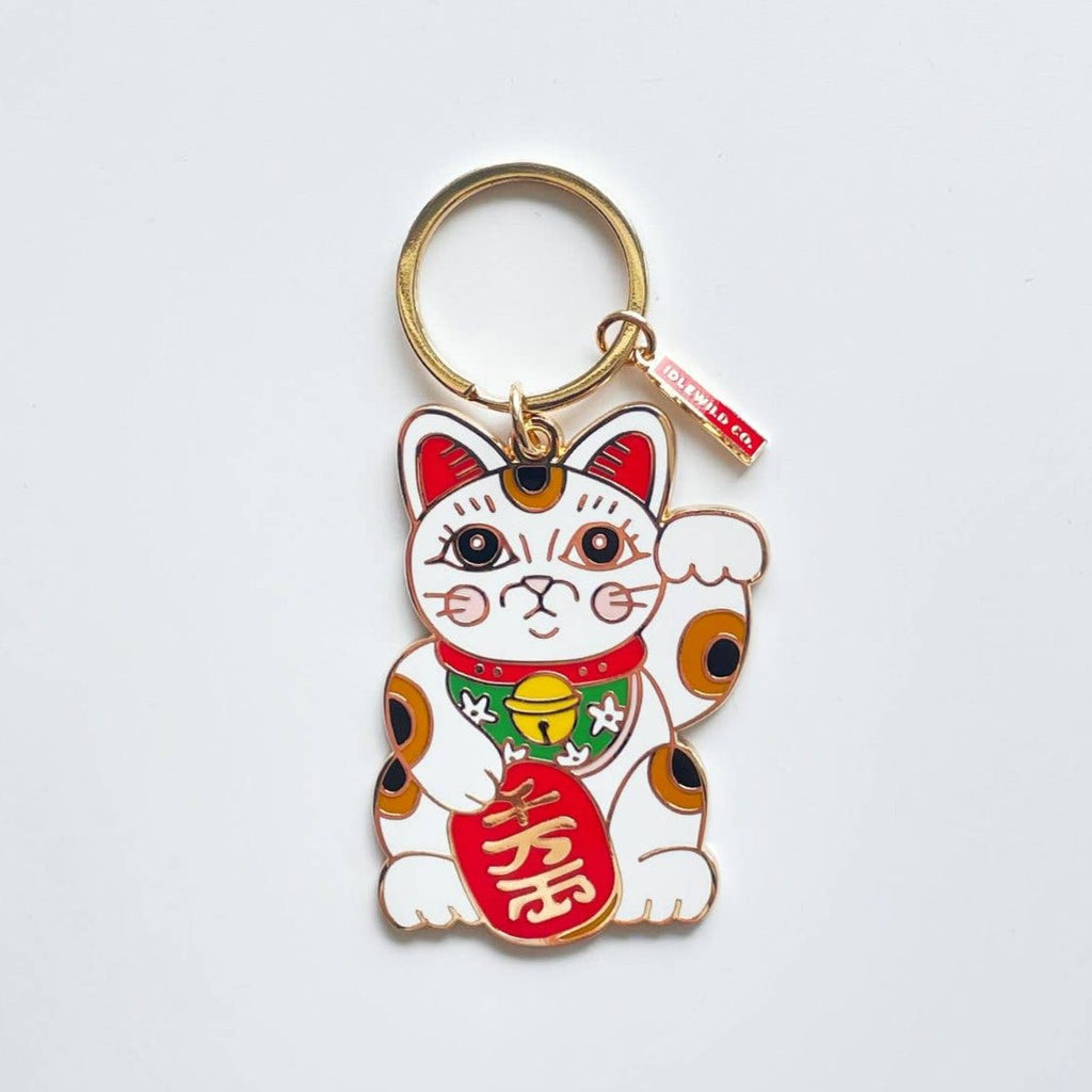 Maneki Neko Cute Cat  Brass and Enamel Keychain | Good Luck Charm Key Ring Holder