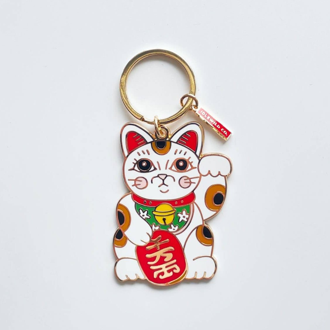 Maneki Neko Cute Cat  Brass and Enamel Keychain | Good Luck Charm Key Ring Holder