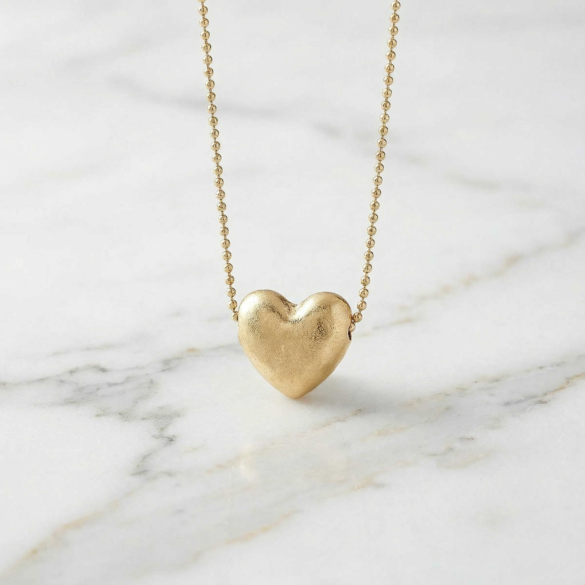 Margo Puffy Heart Necklace in Worn Gold | Bead Chain Style Pendant Fashion Jewelry