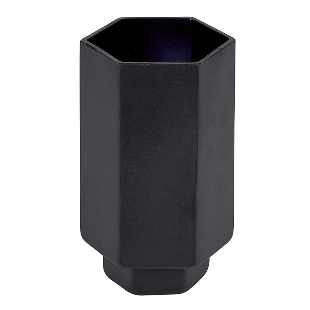Matte Black Glass Hurricane Vase | Small Hexagonal Flower Vase | 3.5" x 6.5"