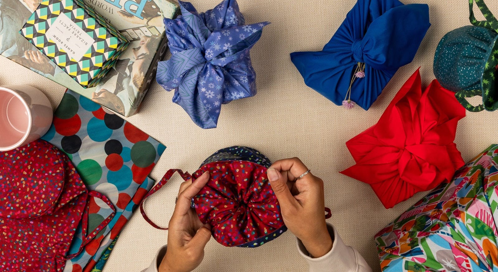 Medium Reusable Fabric Gift Bag | Blue & Red Confetti