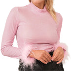 Metallic Turtle Neck Top with Feather Cuffs in Pink | Fall or Winter Long Sleeves Apparel by The Bullish Store