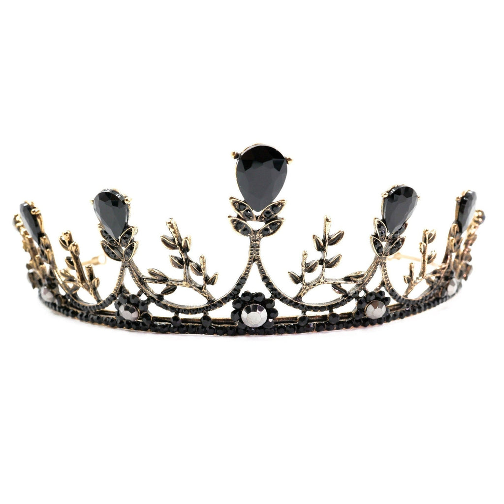 Midnight Blossom Tiara Crown in Gold with Black Gems | Dark Princess Gothic Crown Party or Bridal Hair Accessory