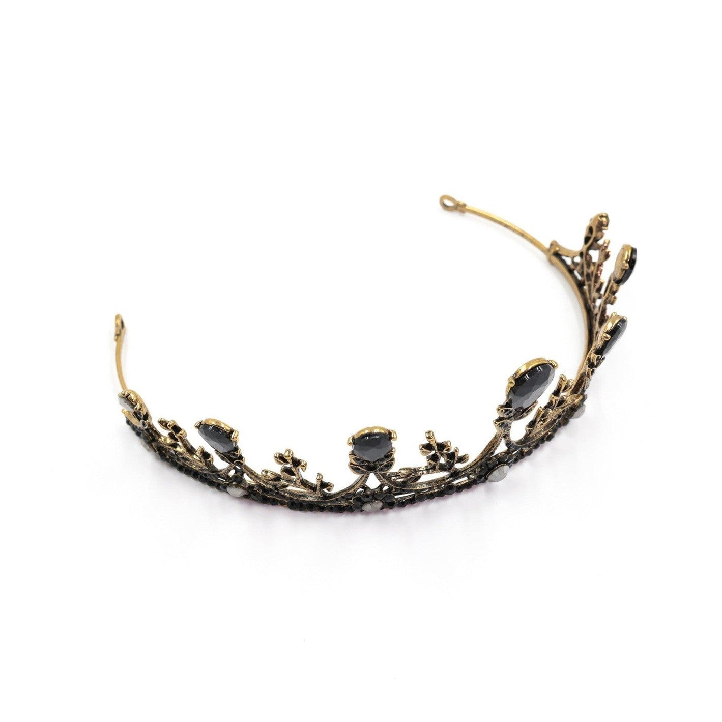 Midnight Blossom Tiara Crown in Gold with Black Gems | Dark Princess Gothic Crown Party or Bridal Hair Accessory