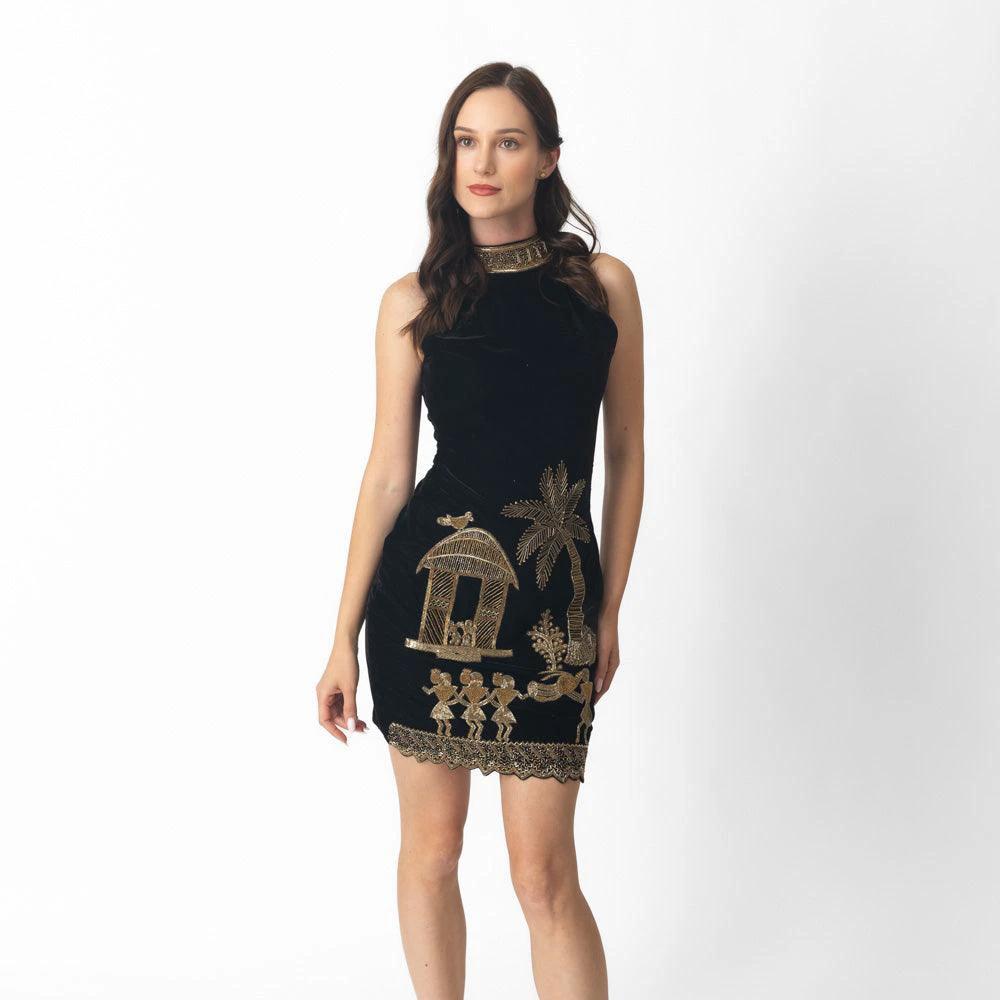 Halona Mini Black Dress with Varli Hand Embroidery by Raas