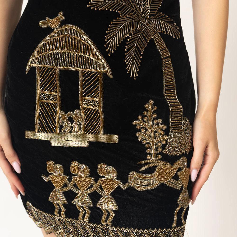 Halona Mini Black Dress with Varli Hand Embroidery by Raas