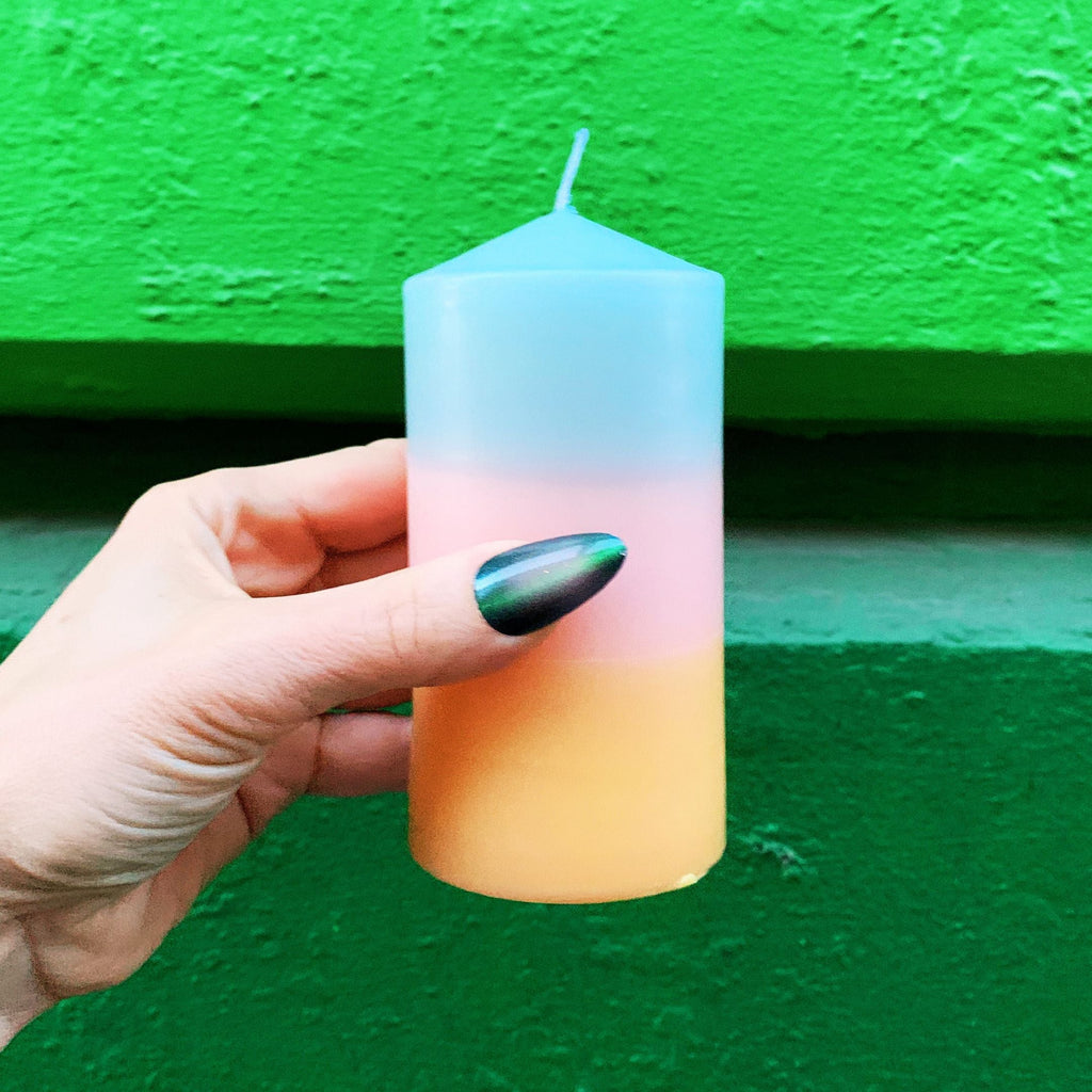 Mini Pillar Candle in Blue Pink Orange | Tri-Colored Ombre Aesthetic Table Candle 4.75"
