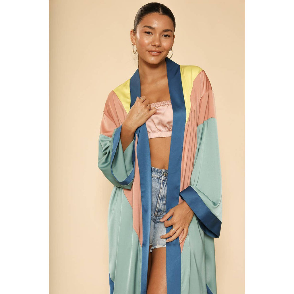Miss Sparkling Chevron Kimono Big Long Textured Satin Duster | Light Jacket, Outdoor Robe, Swimsuit Coverup | Sizes SM-XL