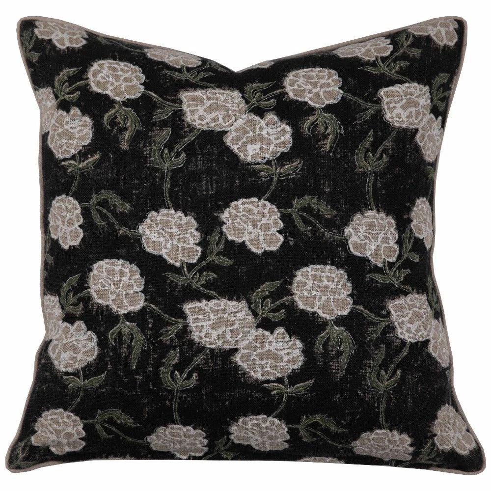 Maria Linen Floral Throw Pillow Cover, Noir by White Cliff Studio