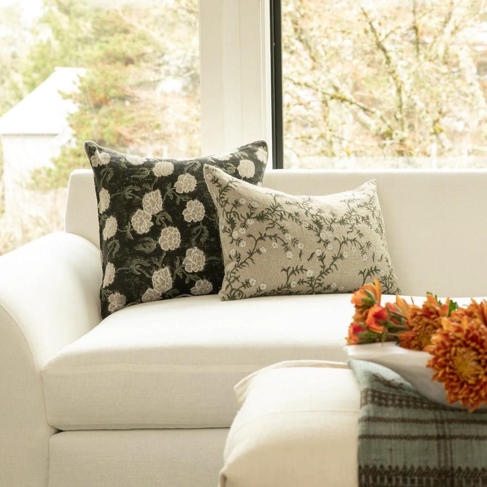 Maria Linen Floral Throw Pillow Cover, Noir by White Cliff Studio