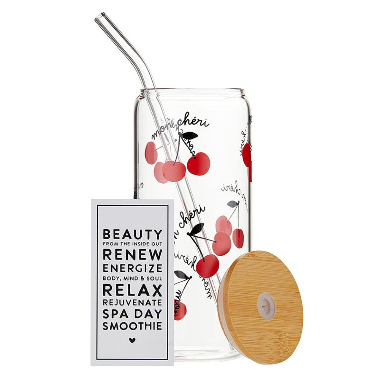 Mon Cheri Glass Tumbler with Bamboo Lid and Glass Straw | Travel Drinkware | 20oz