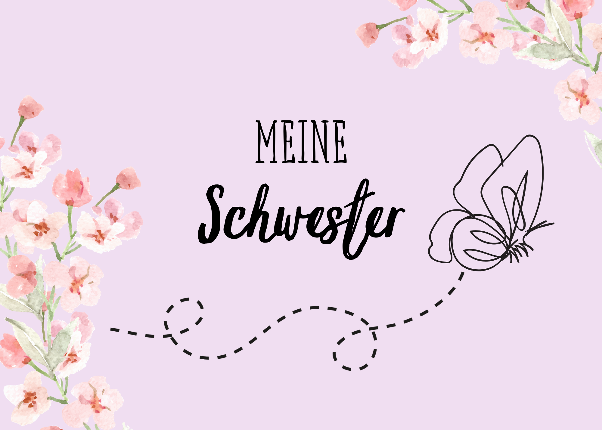 Meine Schwester German sister Greeting card, pink floral butterfly card for German family, blank with envelope