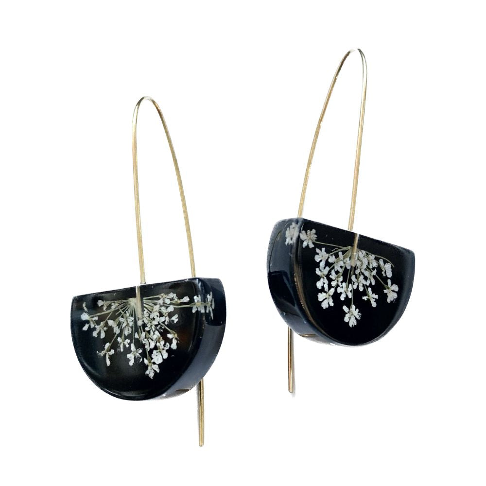 Resin Half Moon Earrings with Queen Anne Flowers on Black