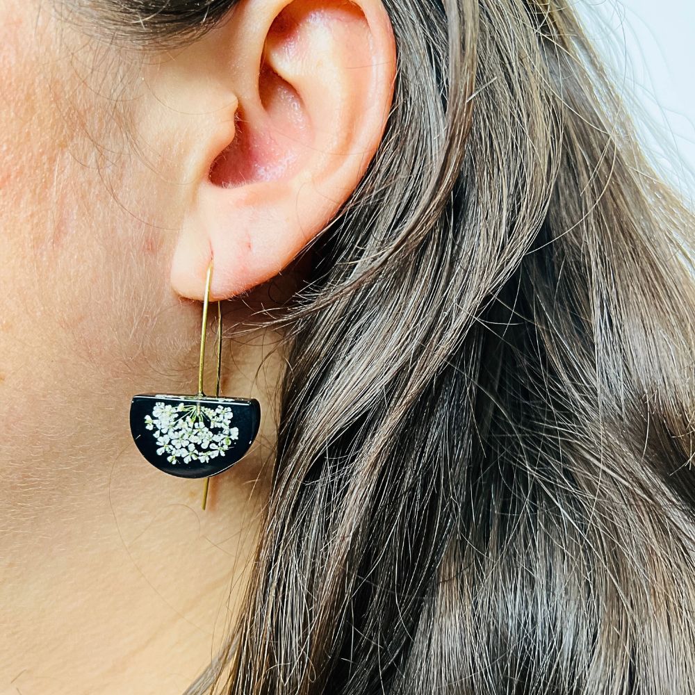 Resin Half Moon Earrings with Queen Anne Flowers on Black