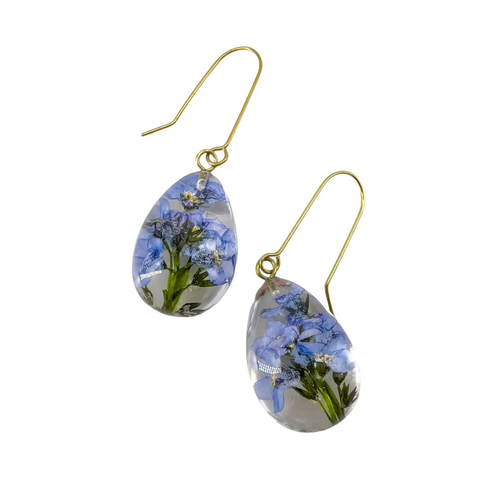Resin Dew Drop Earrings with Forget-me-not Flowers
