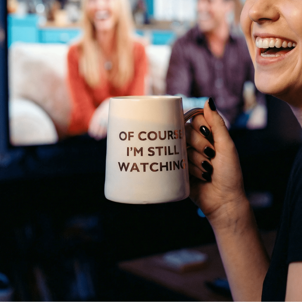 Of Course I'm Still Watching Netflix Themed Funny Tapered Mug | 11 oz | White and Blue Watercolor by The Bullish Store