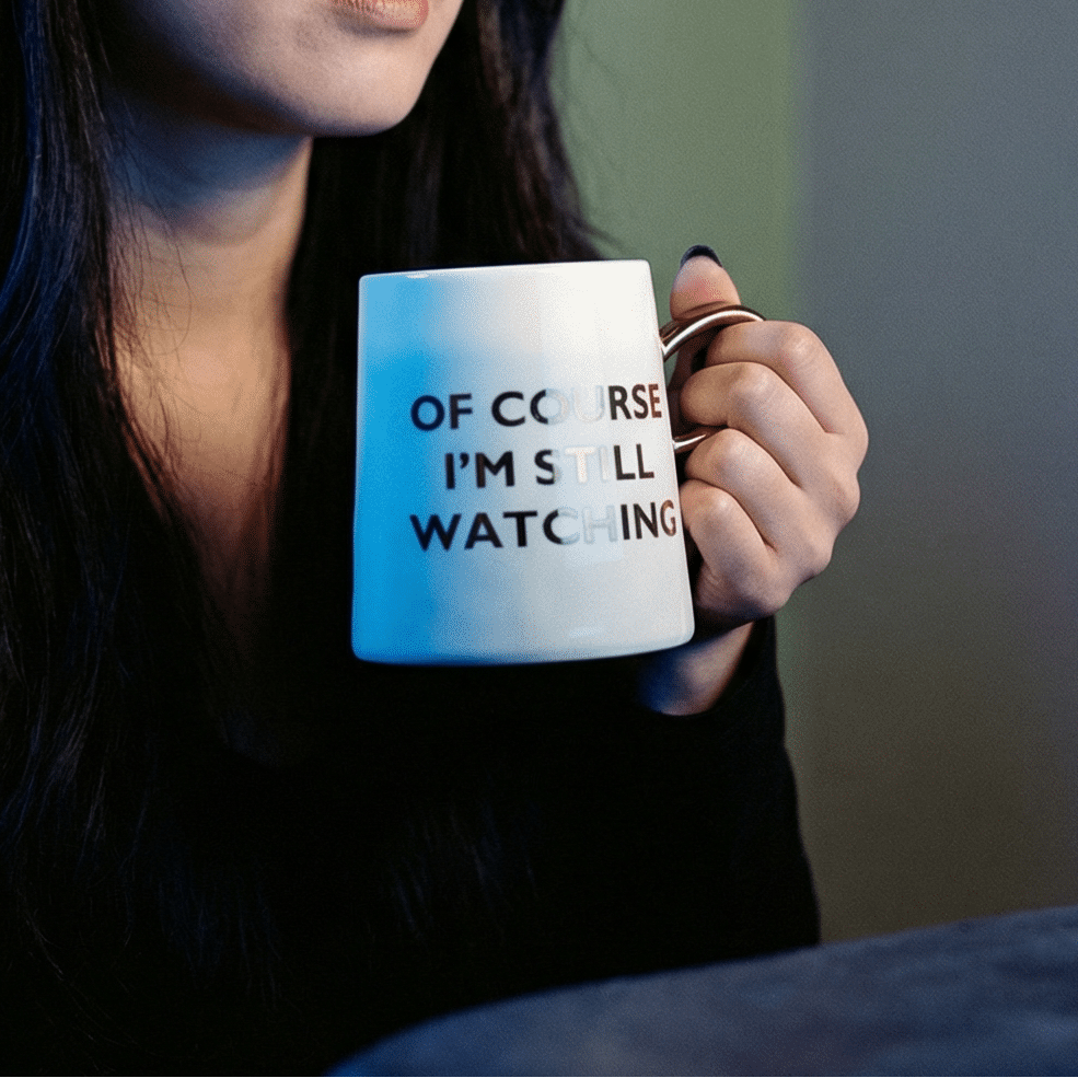 Of Course I'm Still Watching Netflix Themed Funny Tapered Mug | 11 oz | White and Blue Watercolor by The Bullish Store