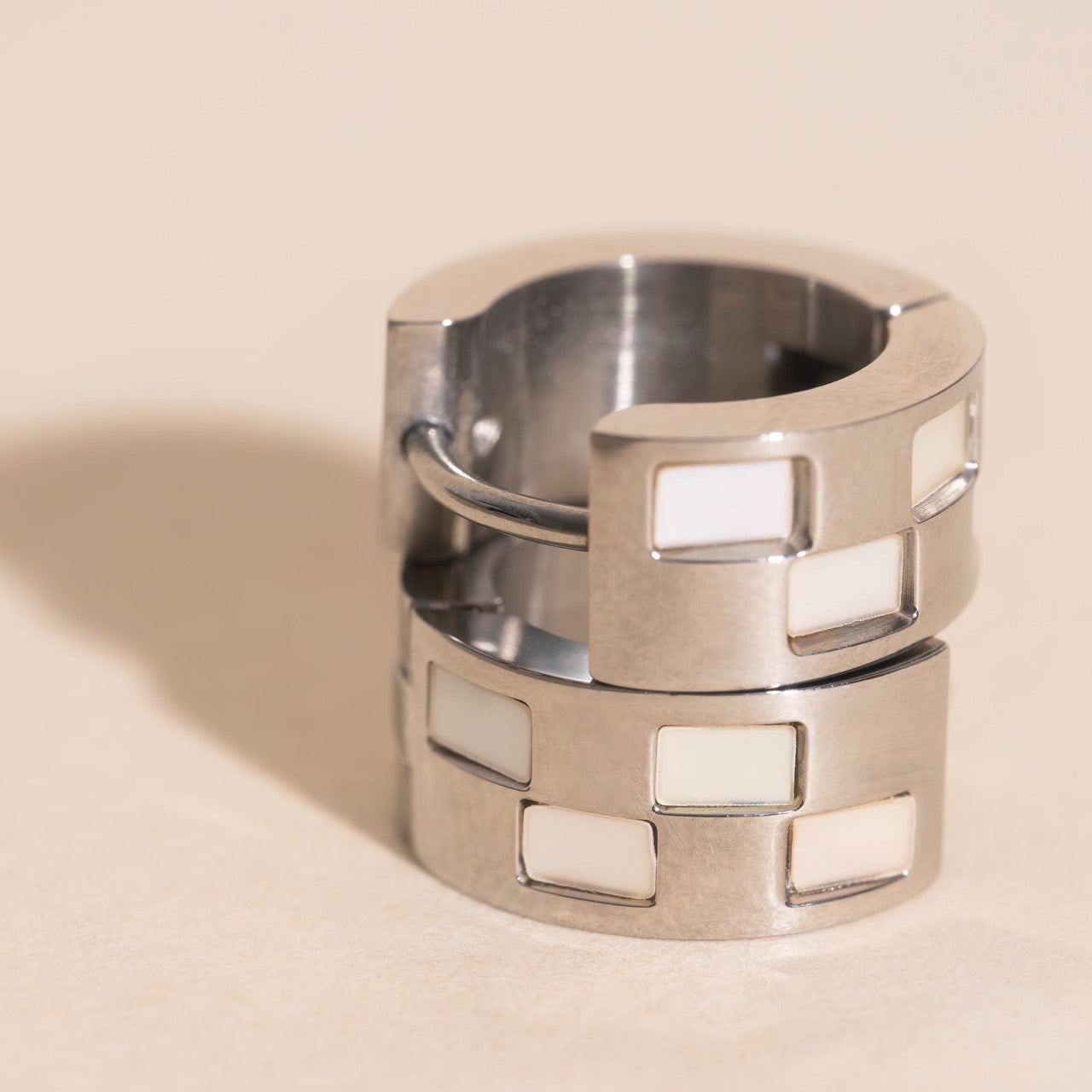 Pearl Shell Checkered Super Chunky Huggie Hoop Earrings