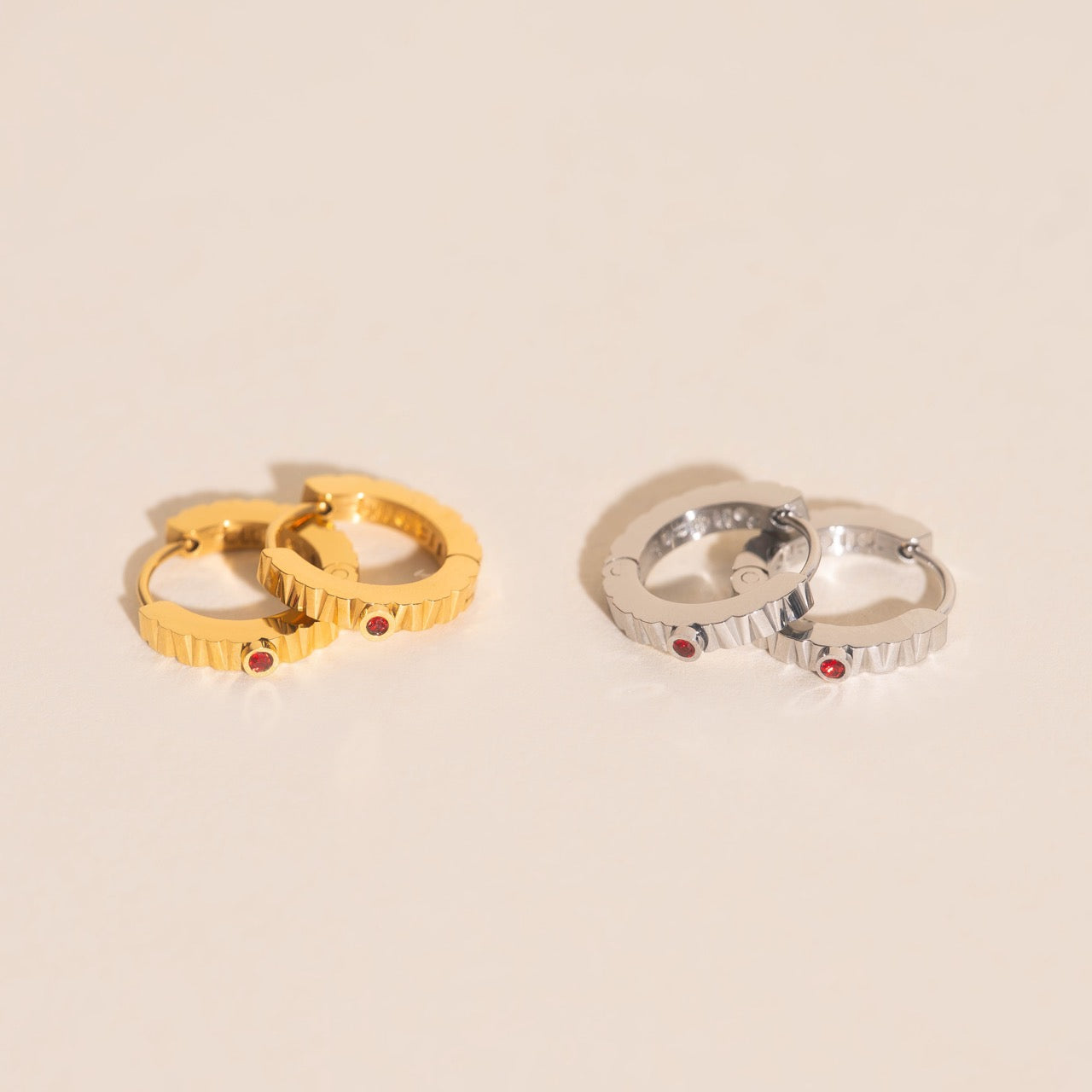 Red Crystal Textured Huggie Hoop Earrings