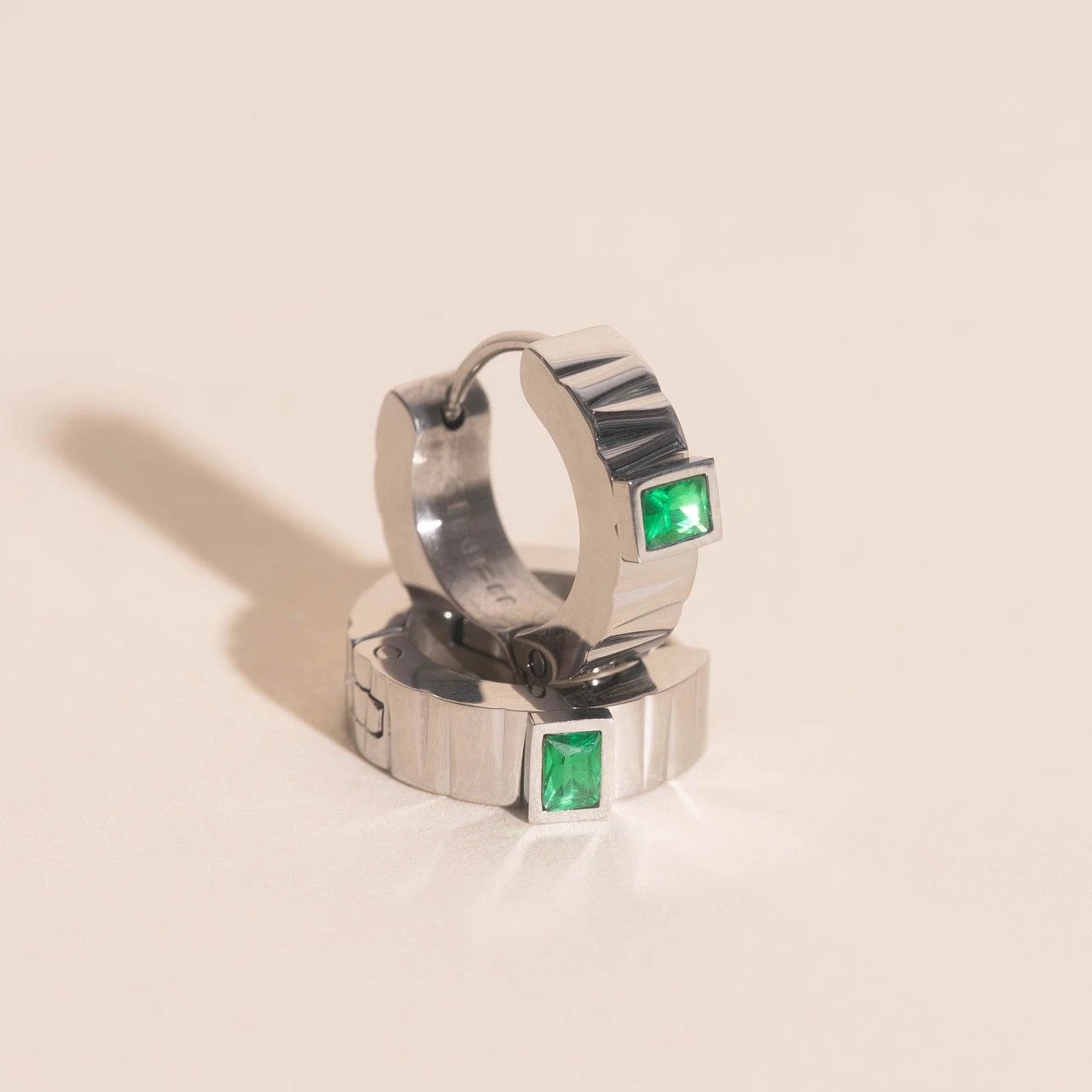 Textured Emerald Crystal Chunky Huggie Hoop Earrings by Oh Clementine