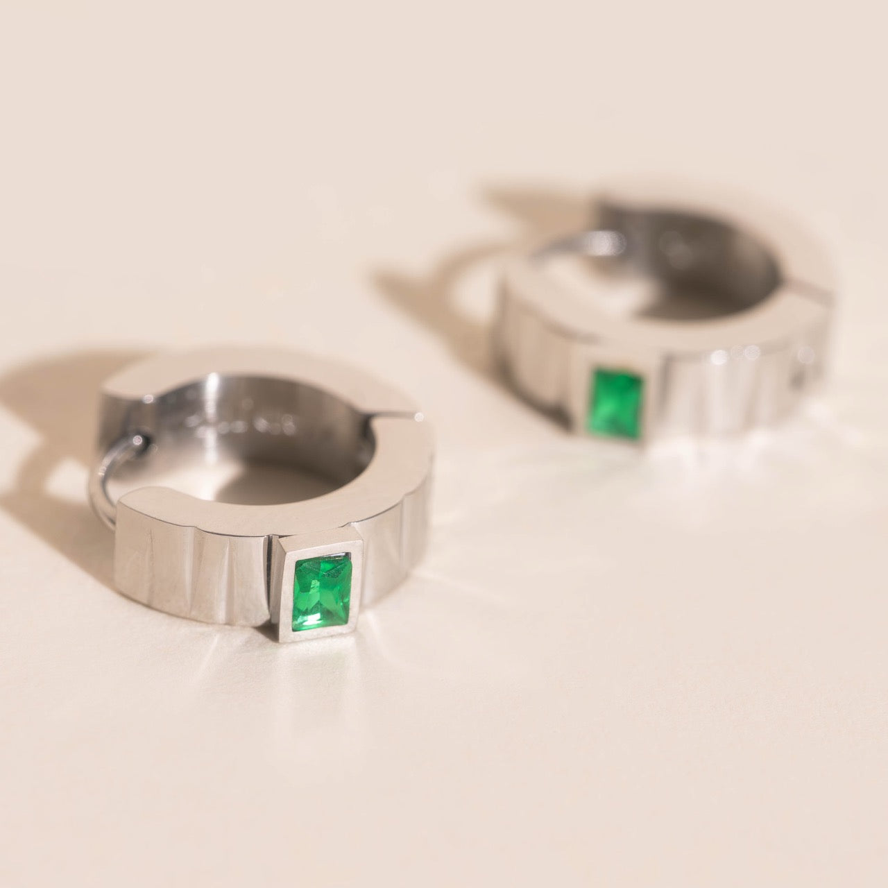 Textured Emerald Crystal Chunky Huggie Hoop Earrings