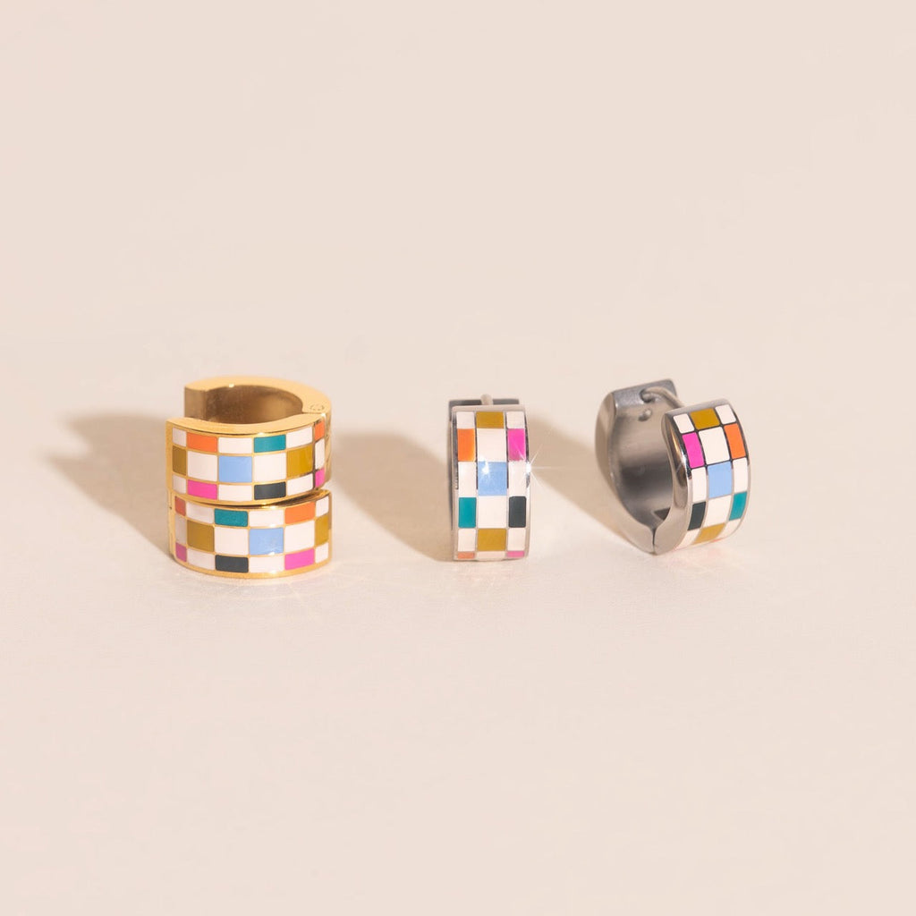 Bright Checkered Super Chunky Huggie Hoop Earrings