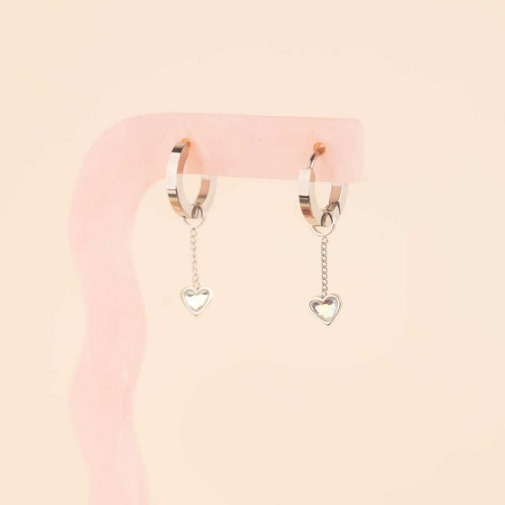 Iridescent Hanging Heart Huggie Hoop Charms